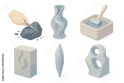 Isometric Mineral Sculptures. Isometric vector illustration set of mineral-inspired sculpture tools: hand sculpting obsidian, vase
