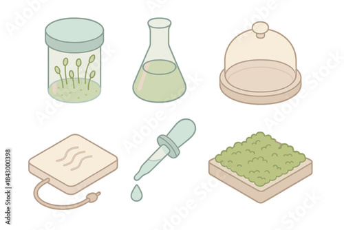 Moss Cultivation Process Icons. Isometric vector illustration set of moss cultivation process: moss spores container, nutrient mix