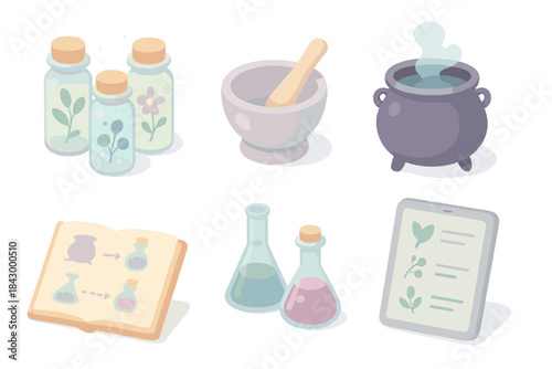 Mystical Brewing Tools. Isometric vector illustration set of mystical brewing tools: glowing herb jars, pestle and mortar,