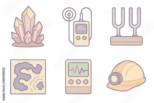 Subterranean Energy Mapping Icons. Isometric vector illustration set of subterranean energy mapping: luminous crystal formations,