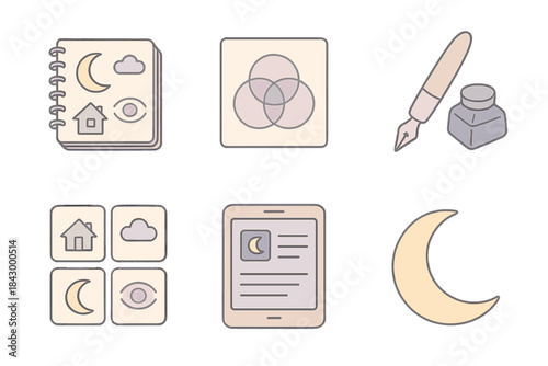 Dream Symbolism Icons. Isometric vector illustration set of dream symbolism workflow: notebook with sketches, recurring theme