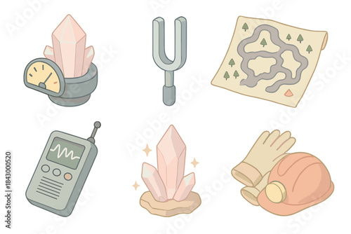 Crystal Cavern Essentials. Isometric vector illustration set of crystal cavern instrumentation: energy detection crystal,