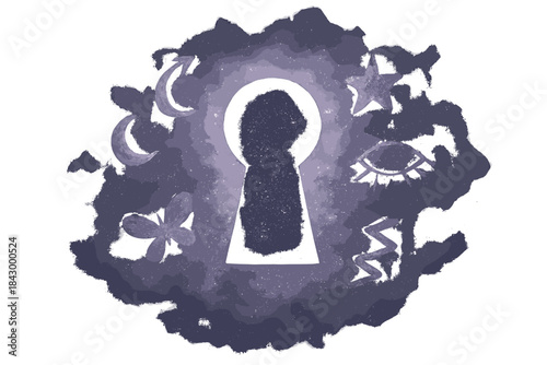 Blue and white image of a person with a keyhole in their head