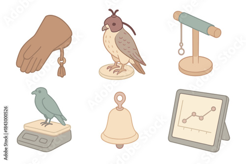 Raptor Training Essentials. Isometric vector illustration set of raptor care and training: leather gauntlet, hooded bird, perch