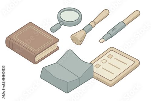 Bibliophile's Appraisal Tools. Isometric vector illustration set of bibliophile appraisal tools: rare book, magnifying glass,
