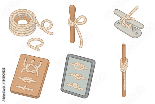 Nautical Knots Toolkit. Isometric vector illustration set of nautical knot and rigging toolkit: rope coils, belaying pin, cleat