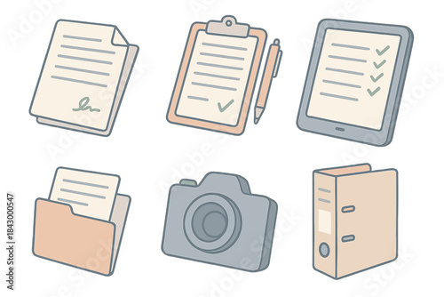 Production Paperwork Toolkit. Isometric vector illustration set of production paperwork toolkit: signed forms, clipboard with pen,