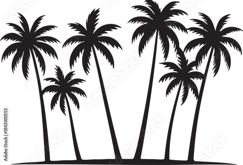 Group of black palm trees silhouette tropical island landscape illustration for travel and vacation designs isolated on white background