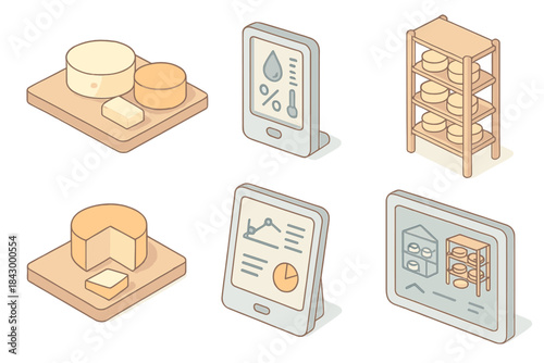 Artisanal Cheese Tools. Isometric vector illustration set of artisanal cheese aging tools: wooden boards with cheese, temperature