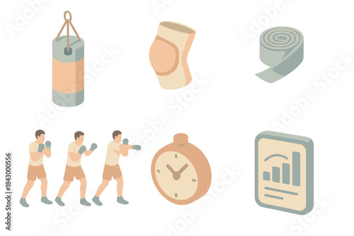 Striking Technique Workflow. Isometric vector illustration set of striking technique workflow: punching bag, elbow/knee pad, hand