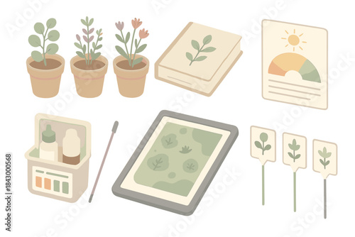 Sustainable Planting Toolkit. Isometric vector illustration set of sustainable planting toolkit: native plant pots, reference