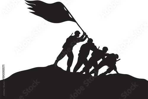 Silhouette of soldiers raising a flag on a hill symbolizing victory and teamwork perfect for military or patriotic themes