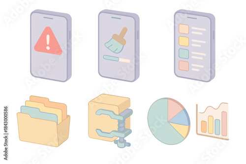 Smartphone Storage Management Icons. Isometric vector illustration set Basic smartphone storage cleanup and management: storage