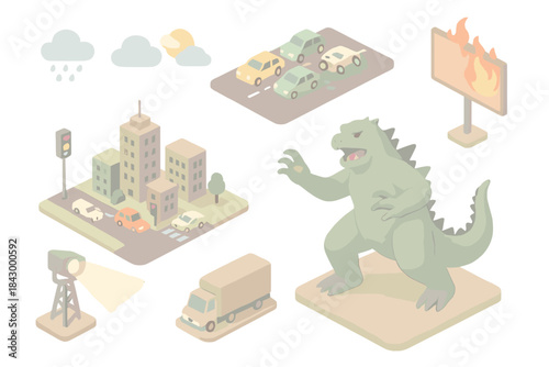 Miniature Monster Metropolis. Isometric vector illustration set Miniature giant monster city attack diorama: emergency scene base,