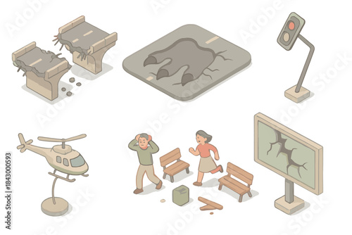 Miniature Monster City Attack. Isometric vector illustration set Miniature giant monster city attack diorama: crushed bridge