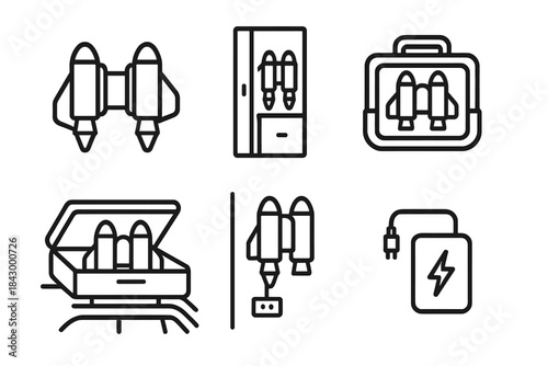 Jetpack Storage Solutions. Line style icons of jetpack storage and portability: foldable jetpack icon, locker storage, compact