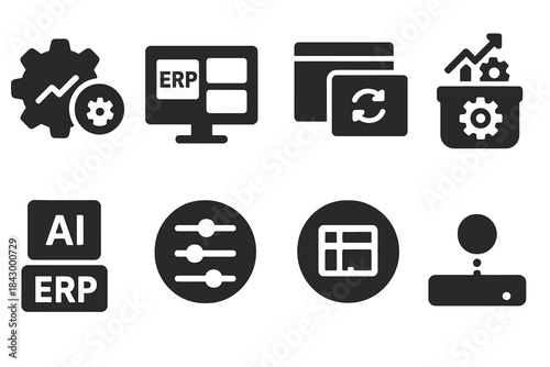 ERP AI Integration Icons. Solid style icons of ERP and procurement AI integration: ERP gear with prediction badge, dashboard with