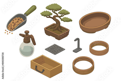 Bonsai Gardening Tools. Isometric vector illustration set of Bonsai gardening: bonsai soil mix scoop, wind-swept style tree, oval