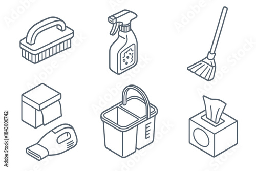 Cleaning Tools Isometric. Isometric vector illustration set of Cleaning Services: tile edge brush, anti-mold spray, corner mop.