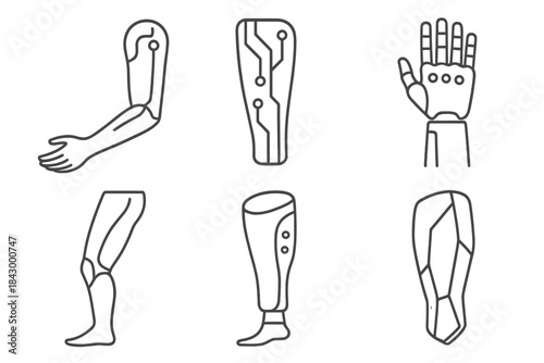 Futuristic Prosthetic Icons. Line style icons of bionic and sci-fi prosthetic styles: glowing interface lines, circuit-inspired
