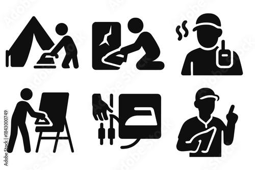 Behind-the-Scenes Icons. Solid style icons of behind-the-scenes action: ironing tent prep, repair gear slab, crew steam badge.