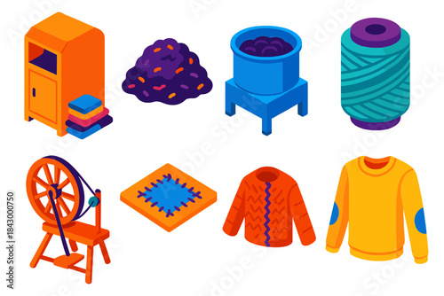 Sustainable Fashion Icons. Isometric vector illustration set Sustainable fashion – garment recycling bin, collection box, drop-off