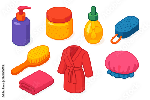 Skincare Essentials Icons. Isometric vector illustration set Skincare routine – body lotion pump, body scrub jar, body oil dropper