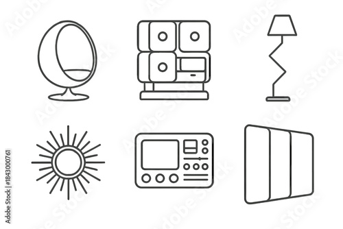 Retro-Futuristic Icon Design. Line style icons of retro-futuristic interior design: levitating egg chair, modular furniture with