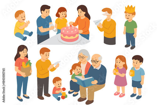 Family Fun Activities. Isometric vector illustration set of Family: baby clapping hands, family decorating cake, child wearing