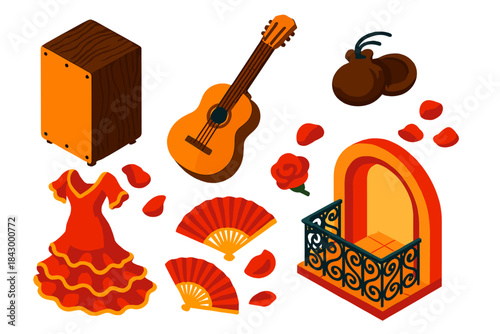 Flamenco Essence Icons. Isometric vector illustration set Musical genres – cajón drum, Spanish guitar, castanets; flamenco dress,