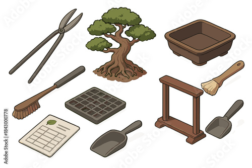 Bonsai Gardening Tools. Isometric vector illustration set of Bonsai gardening: long-handled shears, aged tree with exposed roots,