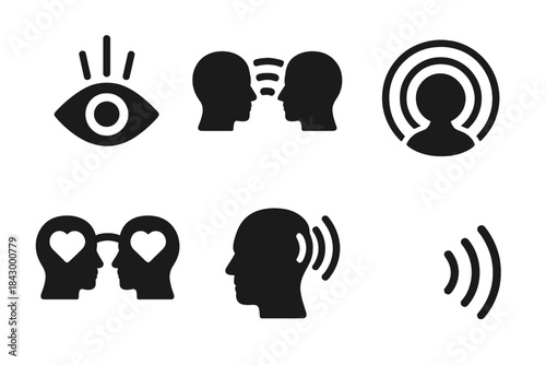Telepathic Connectivity Icons. Solid style icons of remote telepathic sensing: third-eye signal icon, distant mind link,