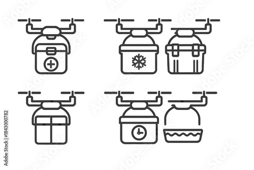 Drone Payload Icons. Line style icons of drone payload compartments: insulated vaccine container, cold-chain box, shockproof case,