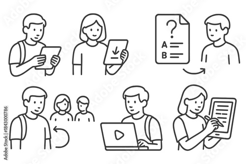 OER Line Icons. Line style icons of students using OER: reading on tablet, downloading worksheet, sharing with classmates, open