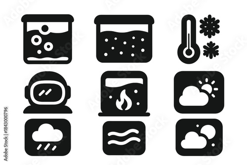 Weather Icons Display. Solid style icons of weather effects in tank: bubble storm icon, murky water slab, temperature panel badge.
