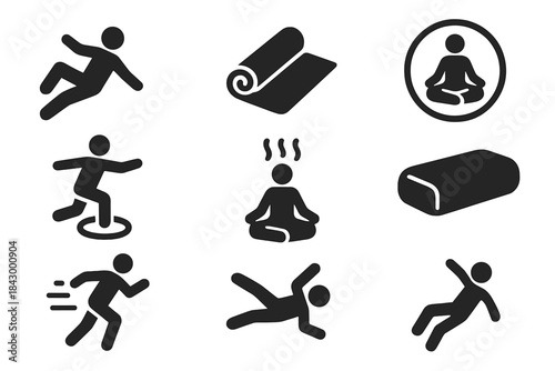 Microgravity Yoga Icons. Solid style icons of microgravity yoga sessions: floating pose glyph, stretch mat icon, zen badge.