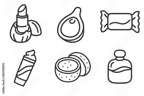 Edible Cosmetic Packaging Icons. Line style icons of edible innovations in cosmetics packaging: lip balm chocolate shell, lotion