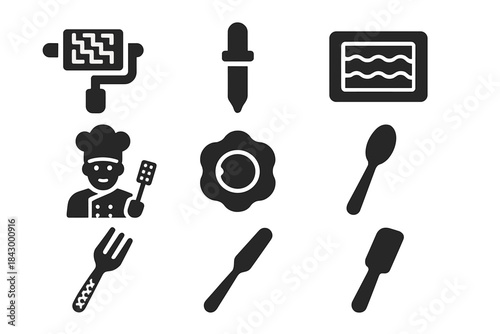 Chef Tool Icons. Solid style icons of chef tools for texture: texture stamp roller, gel layering tool, ripple mold icon. Chef with