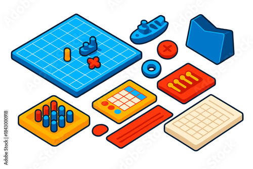 Bright Board Game Icons. Isometric vector illustration set Board games – battle board grid, ship token, hit marker; miss marker,