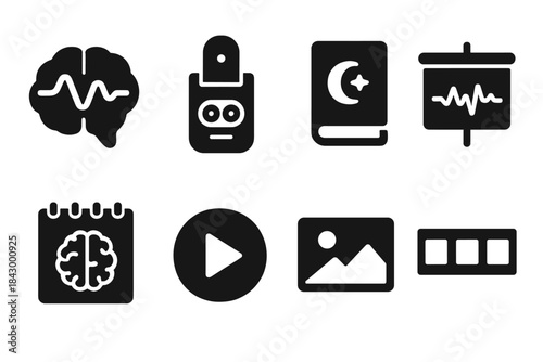Neural Dream Icons. Solid style icons of neural dream recording: brain with wave glyph, recorder icon, log badge. Night memory