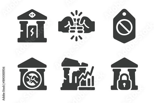 Cultural Clash Icons. Solid style icons of culturally charged ruins: sacred site with marks glyph, clash of values icon, taboo tag