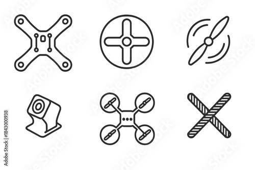 Racing Drone Icons. Line style icons of racing drones: racing quadcopter frame, brushless motor symbol, propeller spinning icon,