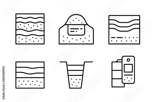 Stratigraphy Line Icons. Line style icons of cultural layers and stratigraphy: multi-layer soil profile, labeled cultural deposit,