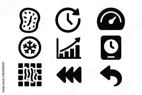 Dream Time Icons. Solid style icons of temporal distortion in dreams: warped clock icon, time loop glyph, speed dial badge. Freeze