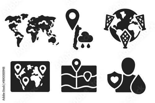 Global Water Solutions. Solid style icons of global implementation: world map with fog zones, country using dew nets, global water