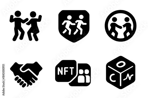 Collaborative Performance Icons. Solid style icons of collaborative performance tokens: duo dance NFT, sync motion badge, shared