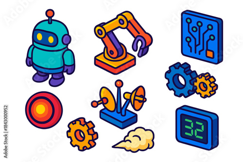 Comic Book Tech Icons. Isometric vector illustration set Comic book elements – robot sidekick, mechanical arm, circuit panel;