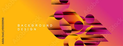 Abstract vibrant design. Circles, rectangles overlap creating dynamic gradient effect. Yellow, orange, pink hues dominate composition. Modern aesthetic.