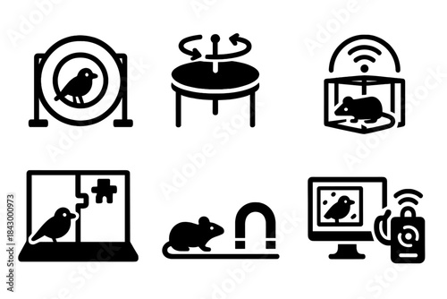 Magnetoreception Experiment Icons. Solid style icons of experimental setups for magnetoreception: animal in magnetic coil chamber,