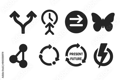 Alternate Timeline Icons. Solid style icons of alternate timeline discussions: diverging arrow glyph, time fork icon, parallel